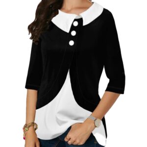Patchwork Turn Down Collar Three Quarter Sleeve Women Irregular Cotton Tunic Blouse