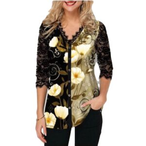 V-Neck Lace Women Blouse with Spliced Print