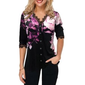 V-Neck Lace Blouse with Flowers Print