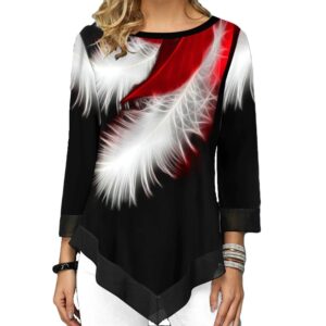 Women Casual Round Neck Feather Print Long Sleeve Blouse