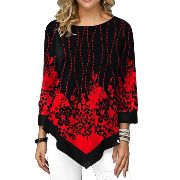 asymmetrical black blouse with red floral print