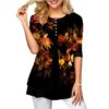 Half Sleeve O-Neck Women Black Blouse with Leaves Print