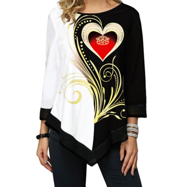 Round Neck Long Sleeve Women Asymmetrical Black Top with Heart Print