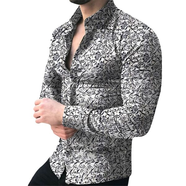 white Men's Hawaiian Long Sleeve Button Down Casual Shirt Top with Floral Print