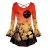 O Neck Flare Sleeve Halloween Women Orange Tunic Top with Pumpkin and Cat Print