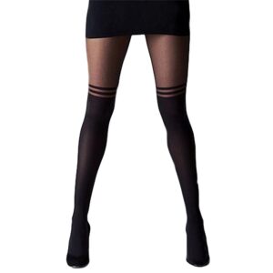 Black Temptation Sheer Mock Suspender Over The Knee Double Stripe Sheer Women’s Tights