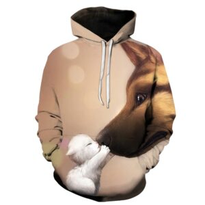 Long Sleeve Women’s Hoodie with 3D Kitten and Dog Print Kangaroo Pockets