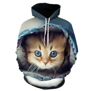Long Sleeve Women’s Hoodie with 3D Kitten Print and Kangaroo Pockets