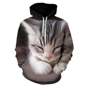 Long Sleeve Women’s Hoodie with 3D Sleeping Kitten Print and Kangaroo Pockets