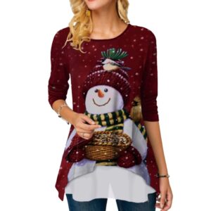 Long Sleeve Women’s Asymmetrical Top with Snowman Print
