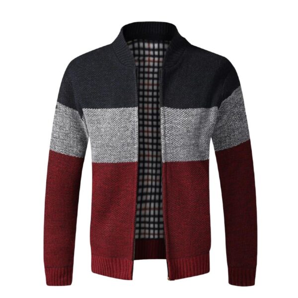 Men's Full Zip Thick Wool Striped Cardigan Sweater