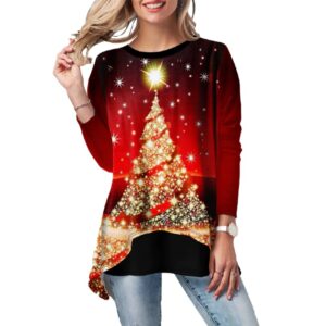 Long Sleeve Women’s Asymmetrical Top with Christmas Tree Print