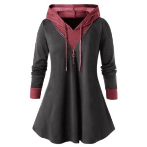 Long Sleeve Women’s Hooded Half Zipper Tunic Top