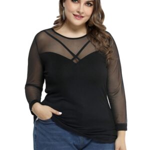 Plus Size Women’s Elegant Black Mesh Semi Sheer Top
