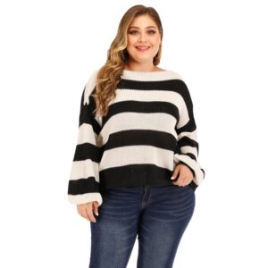 Plus Size Women’s Long Sleeve White And Black Striped Knit Sweater