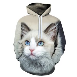 3D Printed Women Fleece Hoodie with Grey Cat Head