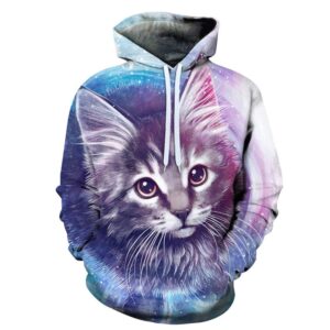 3D Printed Women Fleece Hoodie with Cat Looking at the Sky