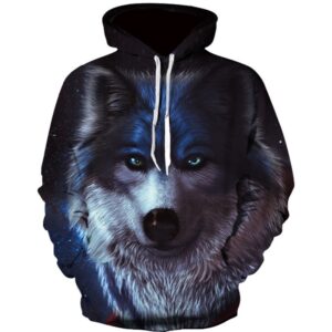 Women Fleece Hoodie with Blue Wolf Head 3D Print