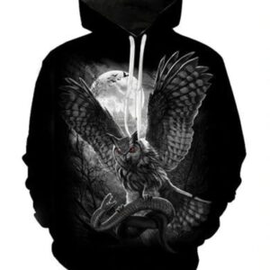 Men Fleece Hoodie 3D Printed Grey Owl and Moon