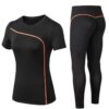 Women Activewear 2 Piece Set Orange Strip Short Sleeve Shirt with Leggings