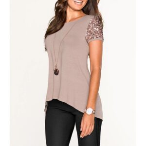 Sequin Tops for Women Short Sleeves with Glitter Irregular Shirt