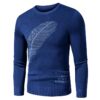 Blue Pullover Sweater with Embroidered Feather