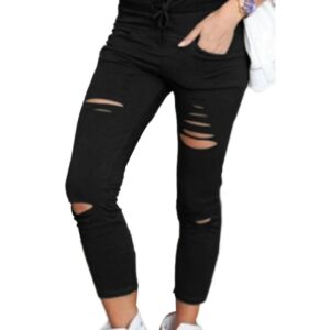 Women’s High Waist Drawstring Ripped Skinny Pants
