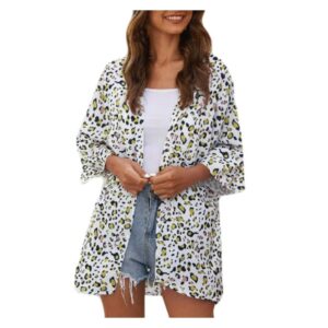 Women’s Open Front Half Sleeve Leopard Chiffon Cardigan