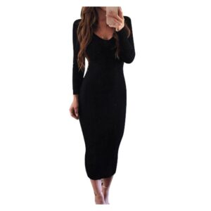 V-Neck Long Sleeve Backless Ribbed Knitted Midi Sweater Dress