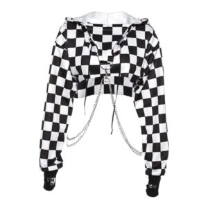 Women’s Long Sleeve Plaid Crop Top with Chains