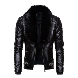Men’s Faux Leather Jacket with Removable Fur Collar
