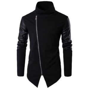 Men’s PU Leather Color Block Zip Up Cardigan