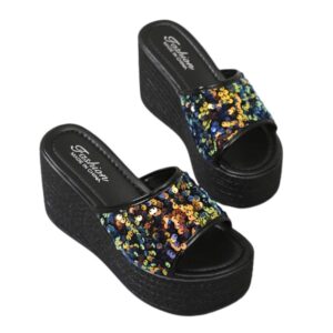 Women PU Leather Platform Sequin Wedge Sandals