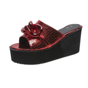 Women Platform Metallic Wedge Sandals with Chain