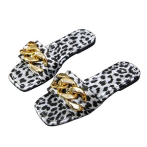 Women Square Toe Leopard Slippers with Metal Chain