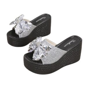 Women PU Leather Wedge Slide Glitter Sandals with Sequin Bow