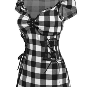 Women Short Sleeve Plaid Lace Up Top