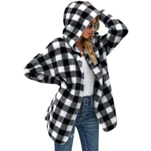Women Hooded Open Front Plaid Soft Plush Cardigan