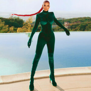 Women Turtleneck Long Sleeve Finger Wrap One Piece Velvet Jumpsuit