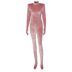 Women Turtleneck Long Sleeve Finger Wrap One Piece Velvet Jumpsuit