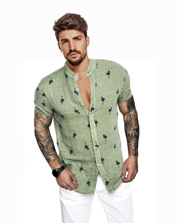 Men’s Linen Stand Collar Shirt with Birds - Image 6