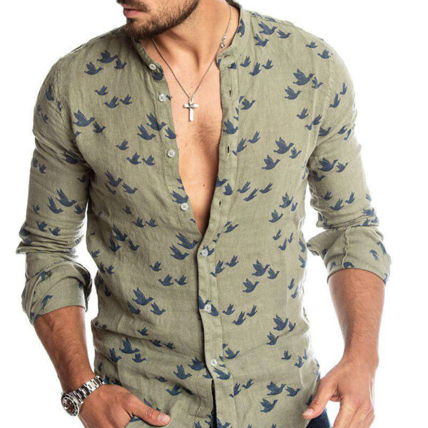 Men’s Linen Stand Collar Shirt with Birds - Image 7