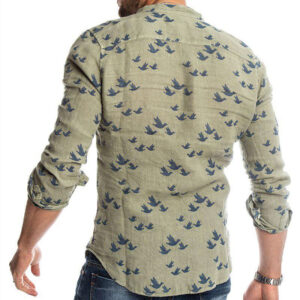 Men’s Linen Stand Collar Shirt with Birds
