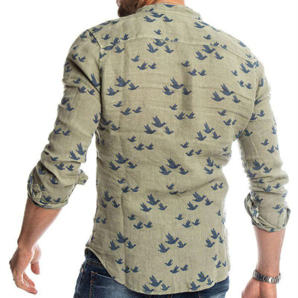 Men’s Linen Stand Collar Shirt with Birds - Image 2