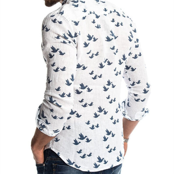 Men’s Linen Stand Collar Shirt with Birds - Image 3