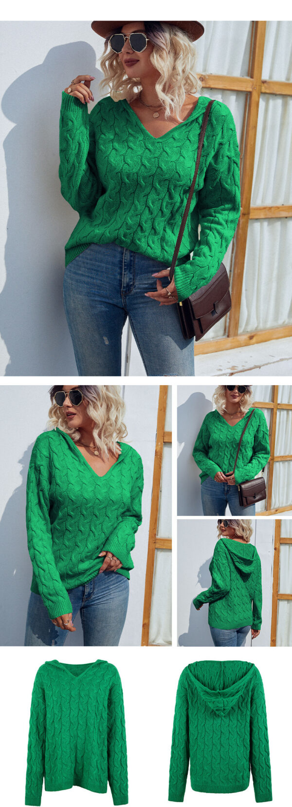 Cable Knit V Neck Hooded Sweater for Women - Image 9