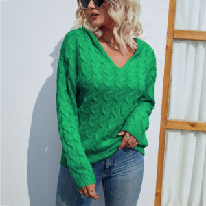 Cable Knit V Neck Hooded Sweater for Women