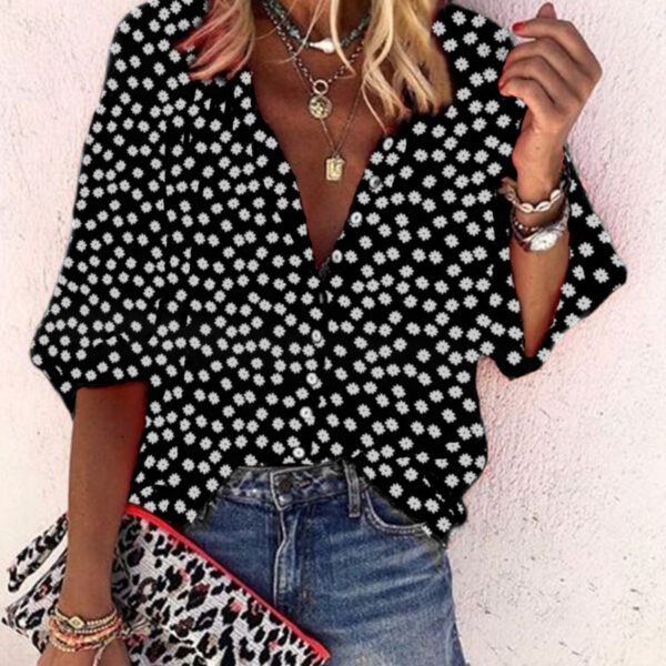 Floral Pattern V-Neck Long Sleeve Women's Shirt with Print Design - Image 2