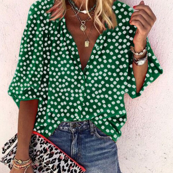 Floral Pattern V-Neck Long Sleeve Women's Shirt with Print Design - Image 3