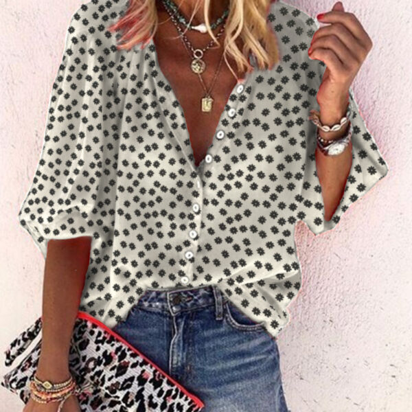 Floral Pattern V-Neck Long Sleeve Women's Shirt with Print Design - Image 6